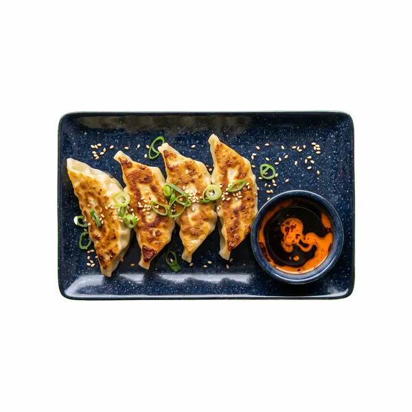 Assiette de cinq gyoza poêlés avec sa sauce