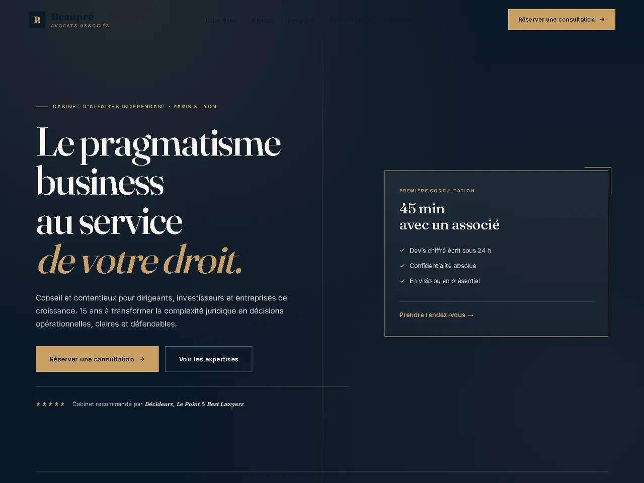 Maquette d'un site de cabinet d'avocats — démonstration Webconnecte (Beaupré Avocats, expertises, équipe, prise de rendez-vous)