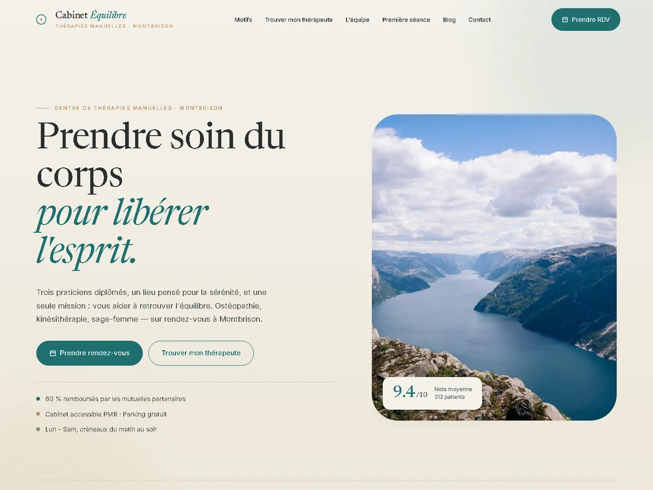 Capture d'écran d'un site de cabinet d'ostéopathie / kiné — démonstration Webconnecte (Cabinet Équilibre, motifs de consultation, prise de rendez-vous)