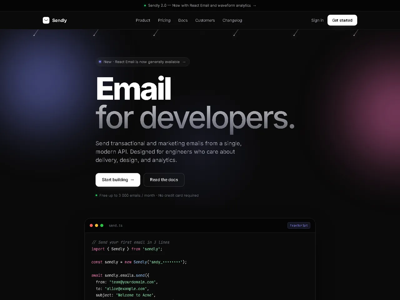 Maquette d'un site SaaS premium pour développeurs — démonstration Webconnecte (Sendly, API d'emails, code samples)